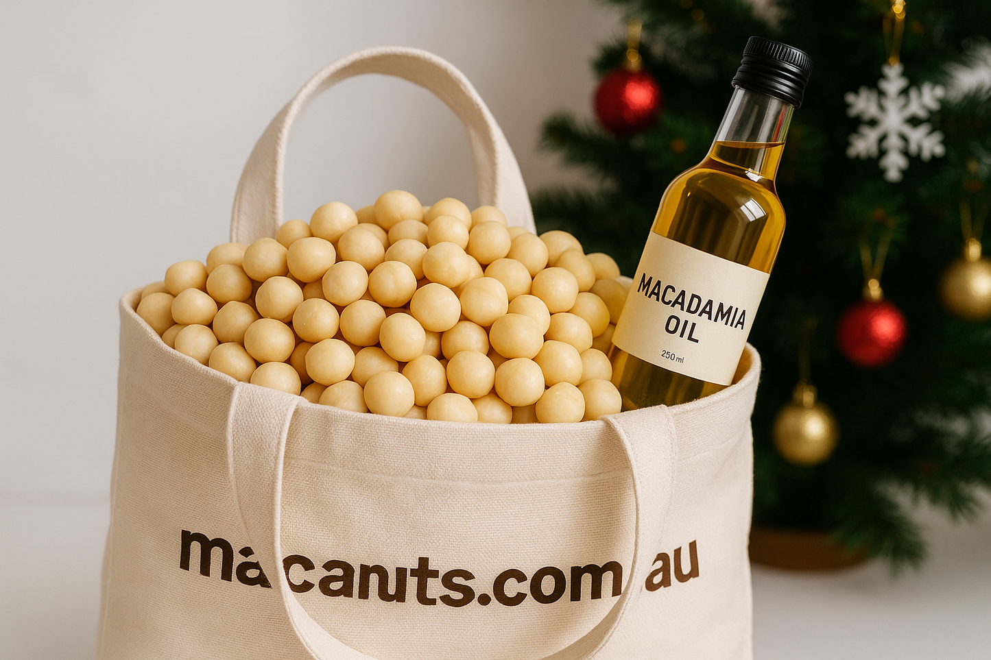 macnuts.com.au needs to be on one line and add a glimpse of pine tree with christmas decorations in the background