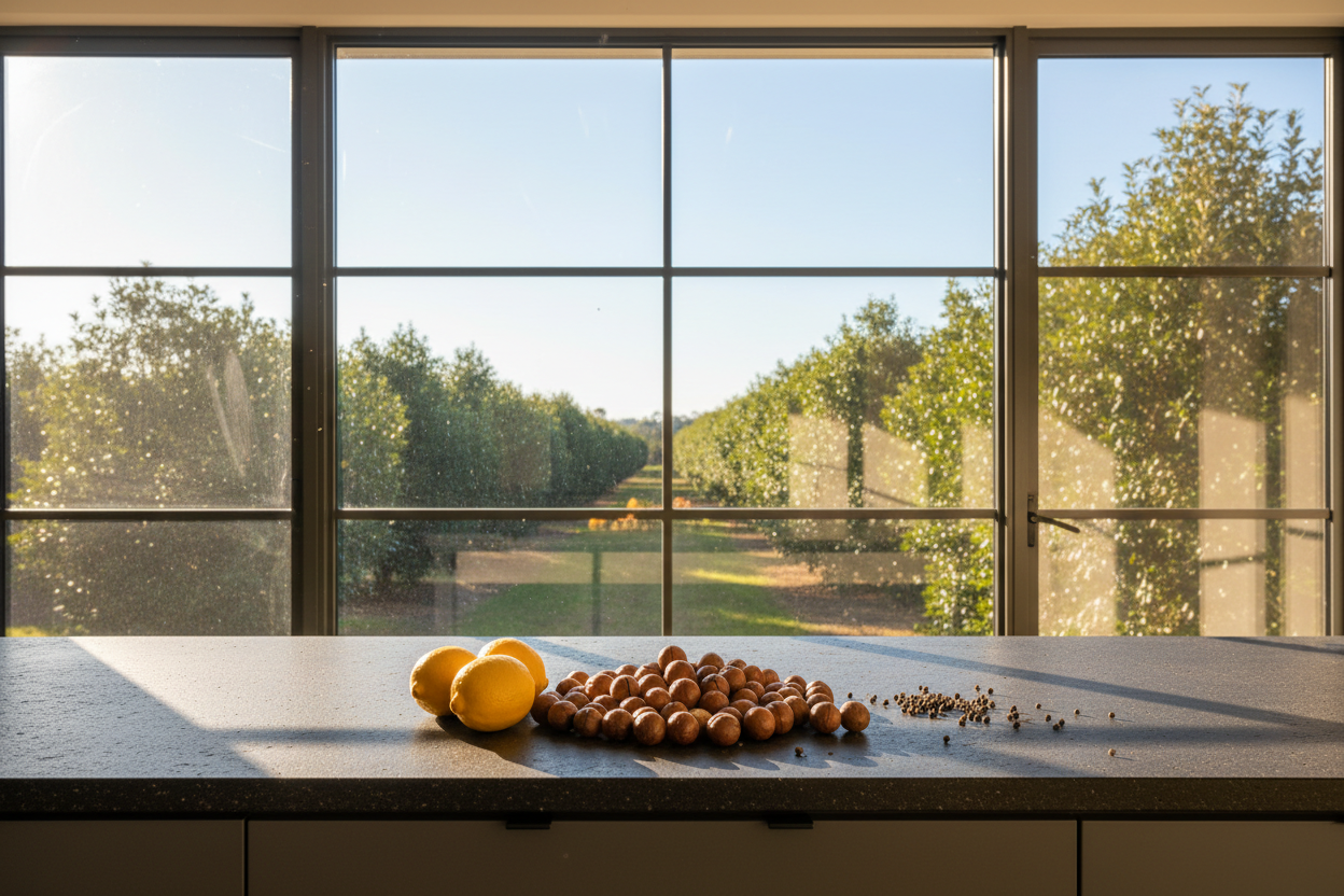 move the bench directly belwo the windows and outside in the distance have a macadamia orchard