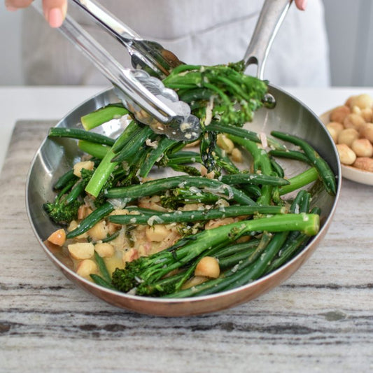broccolini green beans and roasted macadamias drenched in brown butter