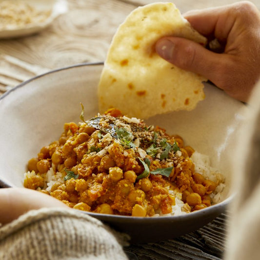 macadamia and chickpea curry with roti made with macadamia meala nd flour