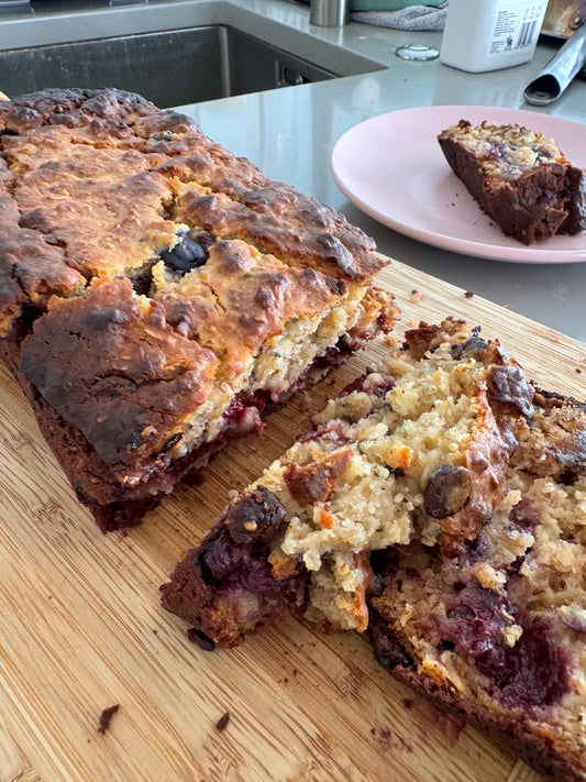 Macadamia Raspberry Choc Chip Banana Bread