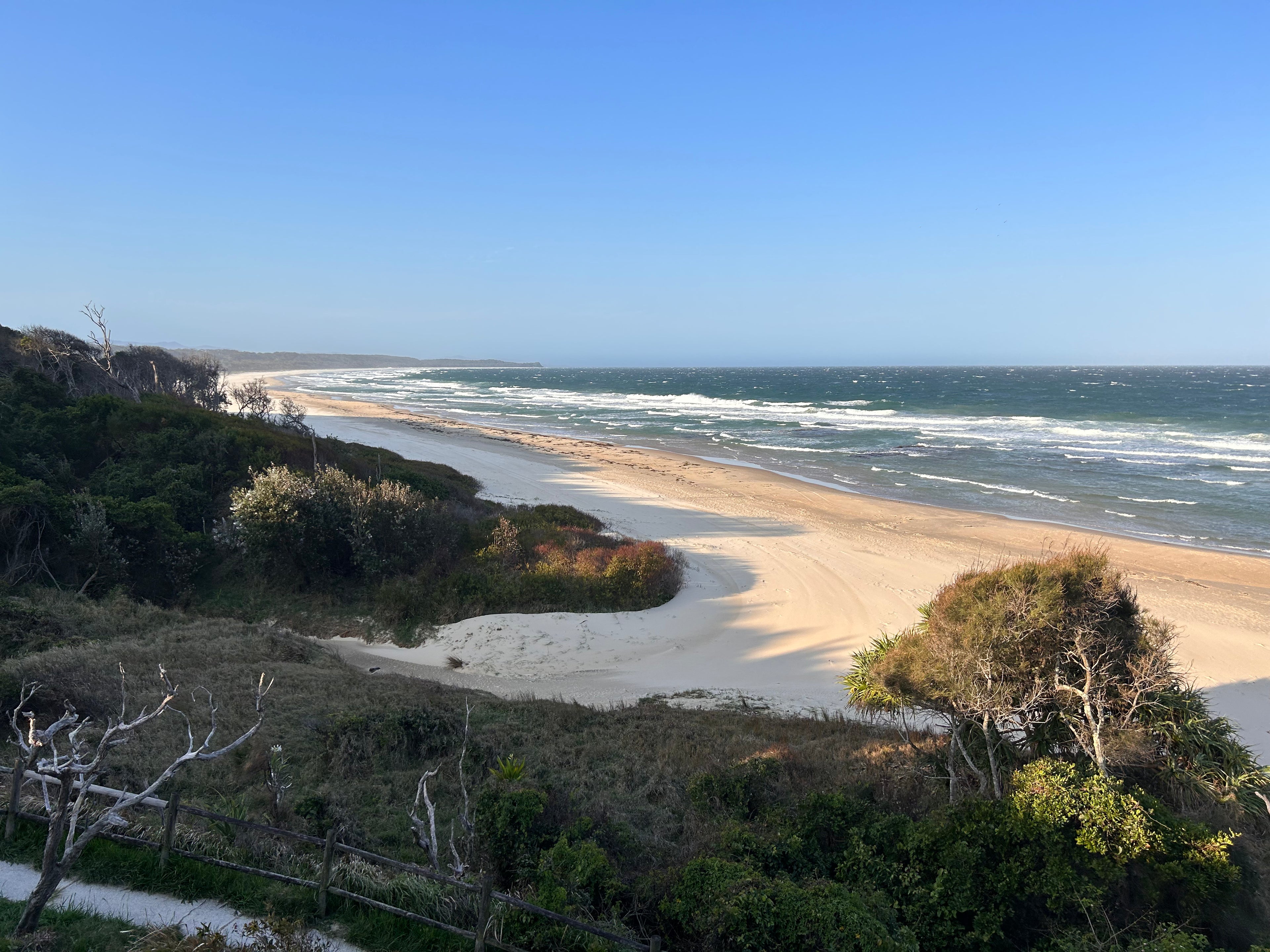 Valla Beach from carpark on windswept winter's day